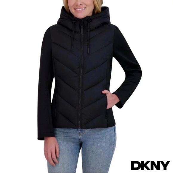 ❤️DKNY Women's Puffer Jacket Scuba Sleeves Mixed Media Black size L 
New WithTag - Picture 11 of 12
